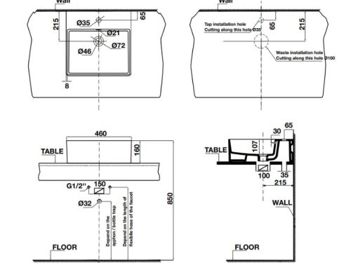 Kích thước chậu lavabo đặt bàn Sapporo 460 Hafele 588.79.002