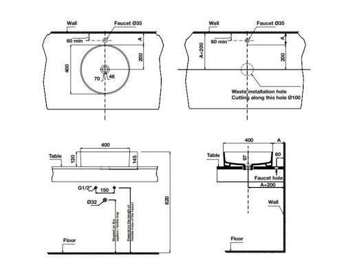 Kích thước chậu lavabo đặt bàn Sapporo Hafele 588.79.060