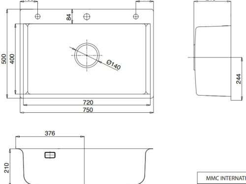 Kích thước chậu rửa bát 1 hố Kluger KF8121S-S75