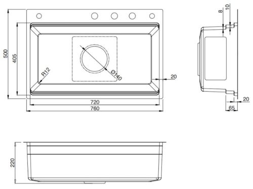 Kích thước chậu rửa bát 1 hố Kluger KWF8161FB-S76W