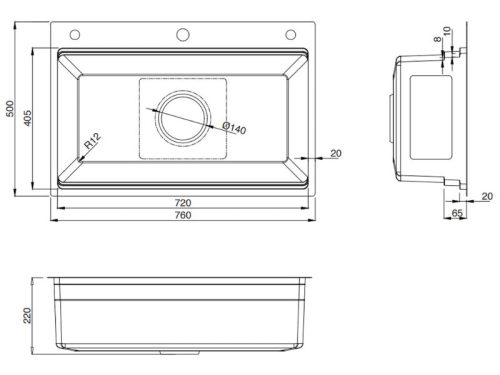 Kích thước chậu rửa bát 1 hố Kluger KWF8161FS-S76 Plus