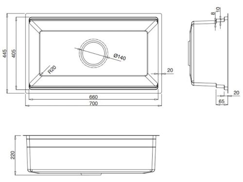 Kích thước chậu rửa bát 1 hố Kluger KWU8161FB-S70