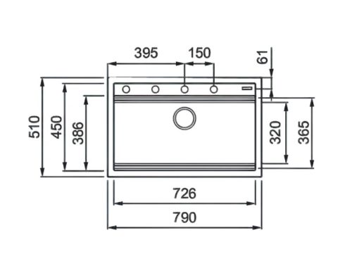 Kích thước chậu rửa bát đá 1 hố Konox Terra 790S Black