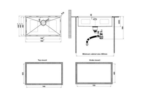 Kích thước chậu rửa bát Inox 1 hố Hafele WS R0 HS24-SSN1S-7644 SILVER 567.24.467