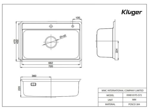 Kích thước chậu rửa phụ inox Kluger KSWB-403FB