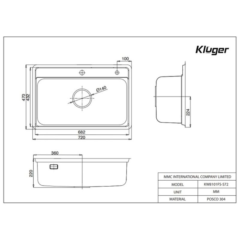 Kích thước chậu rửa phụ inox Kluger KSWB-403FS Kích thước chậu rửa phụ inox Kluger KSWB-403FS