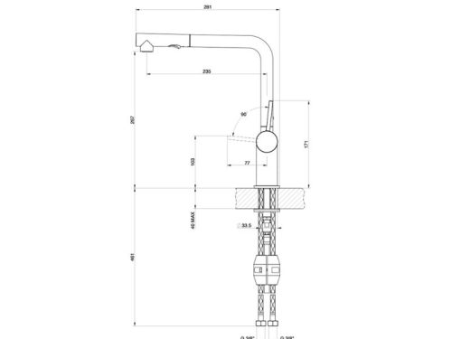 Kích thước vòi rửa bát nóng lạnh Konox Stella Chrome có dây rút