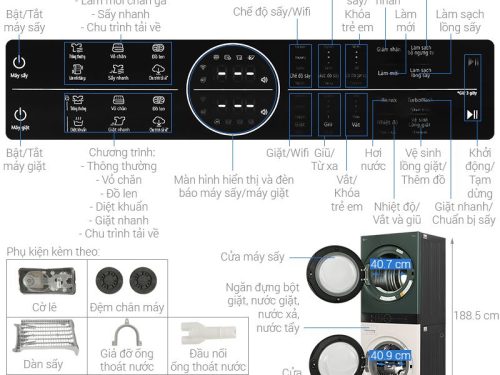 Thông số tháp giặt sấy LG giặt 25kg - sấy 17kg WT2517NHEG ABGPEVN