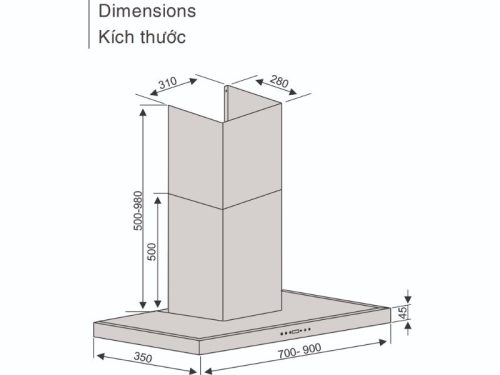 Máy hút mùi Lorca TA 6007TM-90 3 Kích thước máy hút mùi Lorca TA 6007TM-90