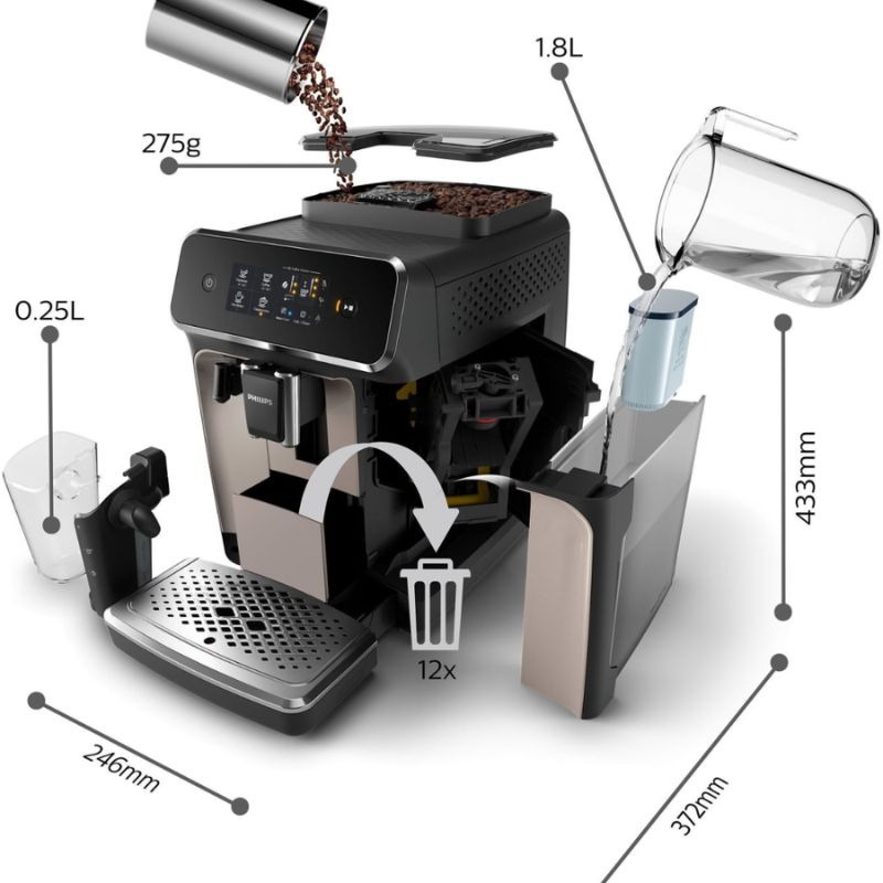 Kích thước máy pha cafe tự động Philips EP2235/40 Serie 2200 Kích thước máy pha cafe tự động Philips EP2235/40 Serie 2200