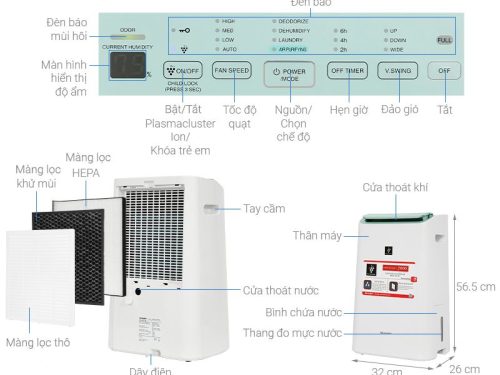 Kích thước máy lọc không khí và hút ẩm Sharp DW-E16FA-W