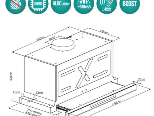 Ảnh kích thước lắp đặt máy hút mùi âm tủ , tự động mở cửa (BLDC motor) Grandx GX H70F75G