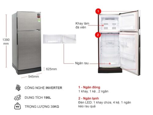 kich thuoc tu lanh 2 canh inverter 196 lit sharp sj x201e ds