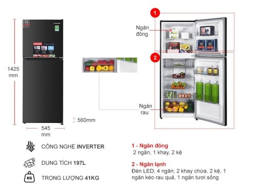 kich thuoc tu lanh 2 canh inverter 197 lit sharp sj x215v dg