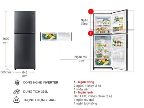 kich thuoc tu lanh 2 canh inverter 330 lit sharp sj xp352ae ds