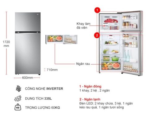 Tủ Lạnh 2 cánh Inverter 335 Lít LG GN-M332PS 5 kich thuoc tu lanh 2 canh inverter 335 lit lg gn m332ps