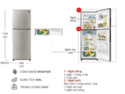 kich thuoc tu lanh 2 canh inverter 360 lit sharp sj xp382ae sl
