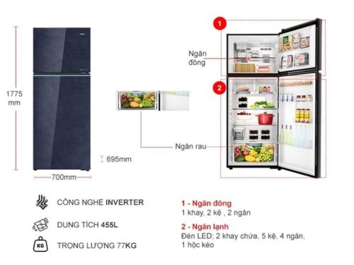 Tủ Lạnh 2 cánh Inverter 455 Lít Aqua AQR-TA518FA(GL)U1 4 kich thuoc tu lanh 2 canh inverter 455 lit aqua aqr ta518faglu1