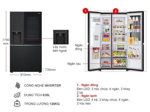 kich thuoc tu lanh 2 canh side by side inverter 635 lit lg gr g257bl