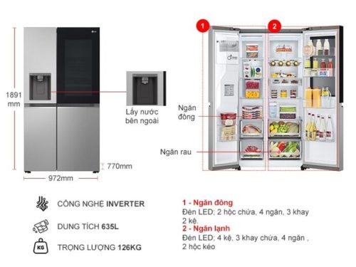 kich thuoc tu lanh 2 canh side by side inverter 635 lit lg gr g257sv