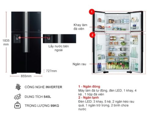 kich thuoc tu lanh 4 canh multi door inverter 540 lit hitachi r fw690pgv7x gbk