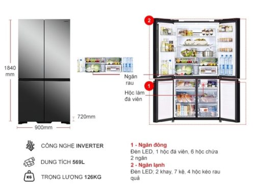 kich thuoc tu lanh 4 canh multi door inverter 569 lit hitachi r wb640vgv0x mir