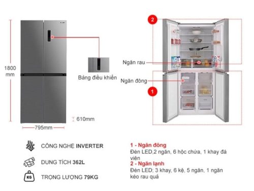 kich thuoc tu lanh 4 canh multi doors inverter 362 lit sharp sj fx420v sl