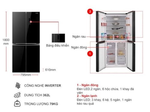 kich thuoc tu lanh 4 canh multi doors inverter 362 lit sharp sj fx420vg bk