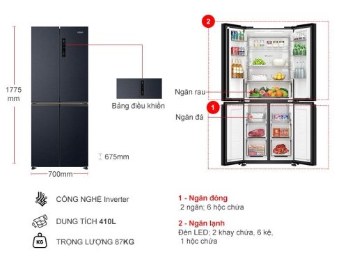 kich thuoc tu lanh 4 canh multi doors inverter 410 lit aqua aqr m466xacbc