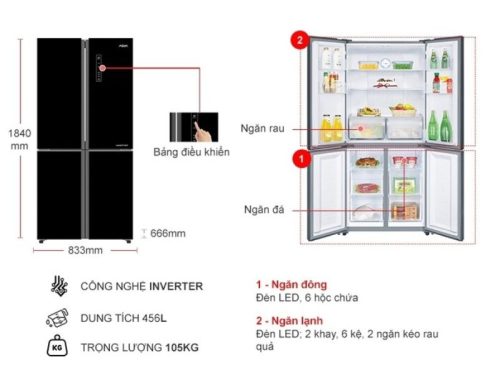 kich thuoc tu lanh 4 canh multi doors inverter 456 lit aqua aqr ig525am gb