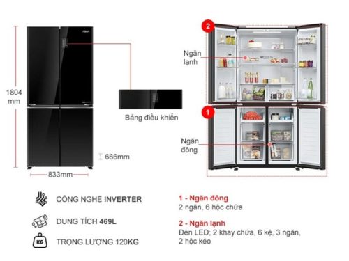Tủ Lạnh 4 cánh Multi Doors Inverter 469 Lít Aqua AQR-M536XA(GB) 4 kich thuoc tu lanh 4 canh multi doors inverter 469 lit aqua aqr m536xagb