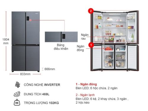 Tủ Lạnh 4 cánh Multi Doors Inverter 469 Lít Aqua AQR-M536XA(SL) 4 kich thuoc tu lanh 4 canh multi doors inverter 469 lit aqua aqr m536xasl