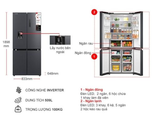 kich thuoc tu lanh 4 canh multi doors inverter 509 lit toshiba gr rf605wi pmv06 mg