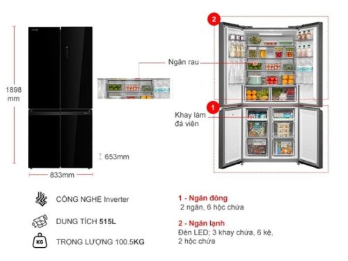 kich thuoc tu lanh 4 canh multi doors inverter 515 lit toshiba gr rf677wi pgv22 xk