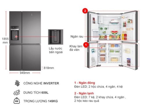 kich thuoc tu lanh 4 canh multi doors inverter 609 lit electrolux eqe6879a b