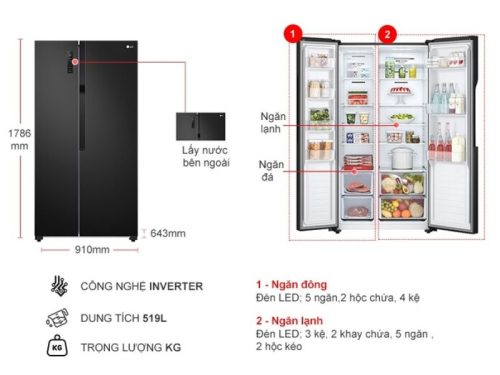 kich thuoc tu lanh 2 canh side by side inverter 519 lit lg gr b256bl